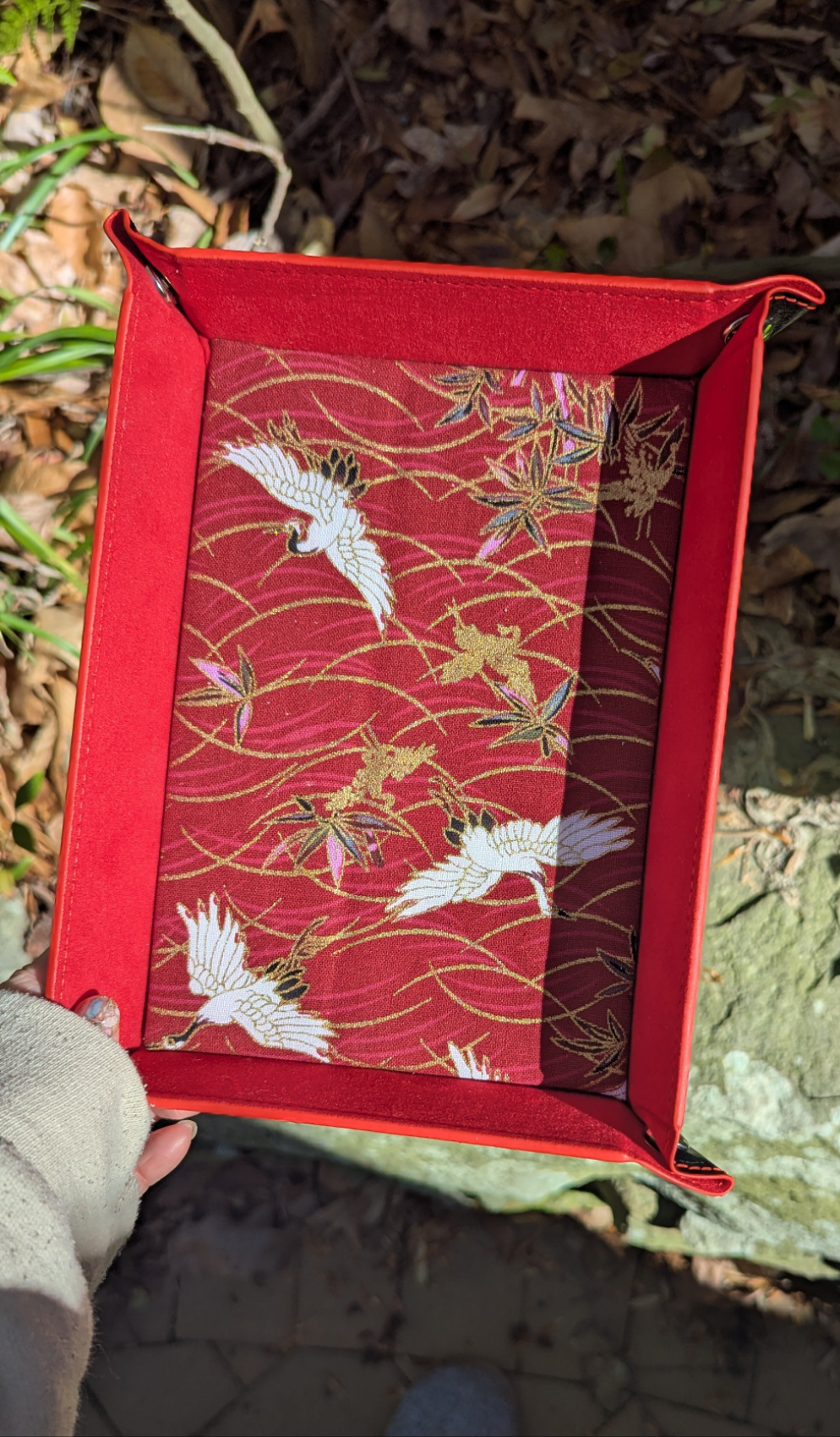 Red Crane Wave Fabric Velvet Dice Tray