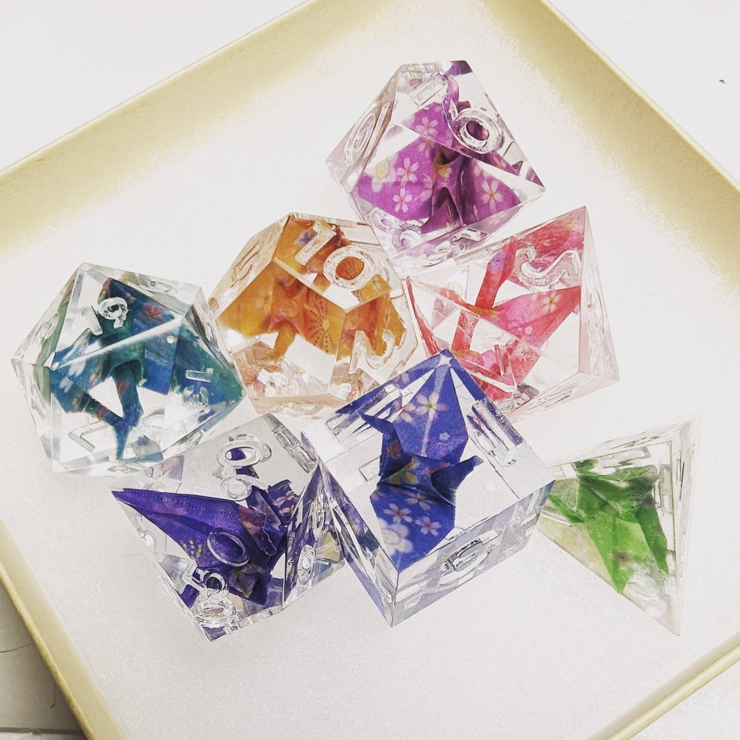 Rainbow Origami Crane Dice Set 7pcs