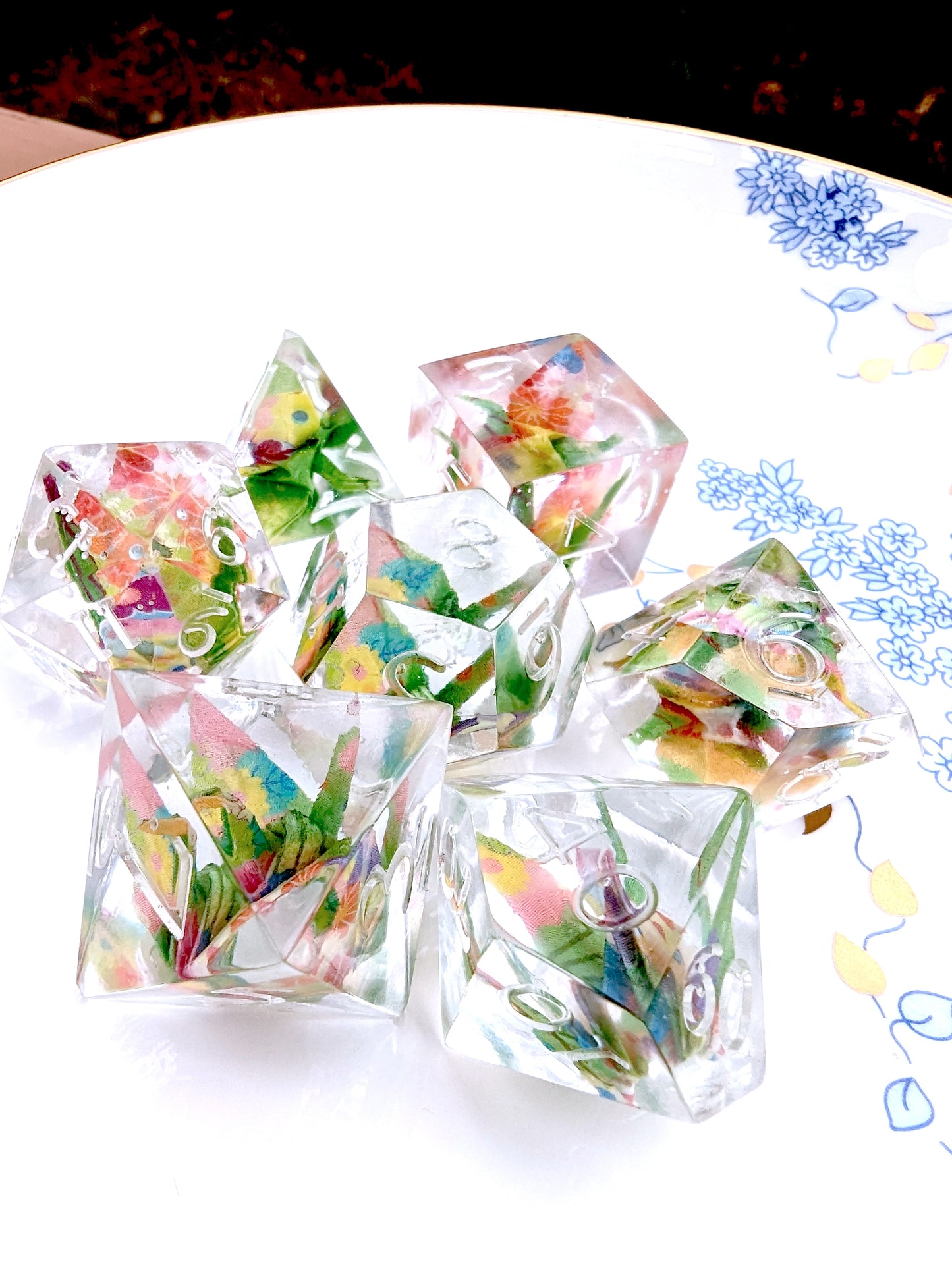 Origami Crane Dice in Green Flower