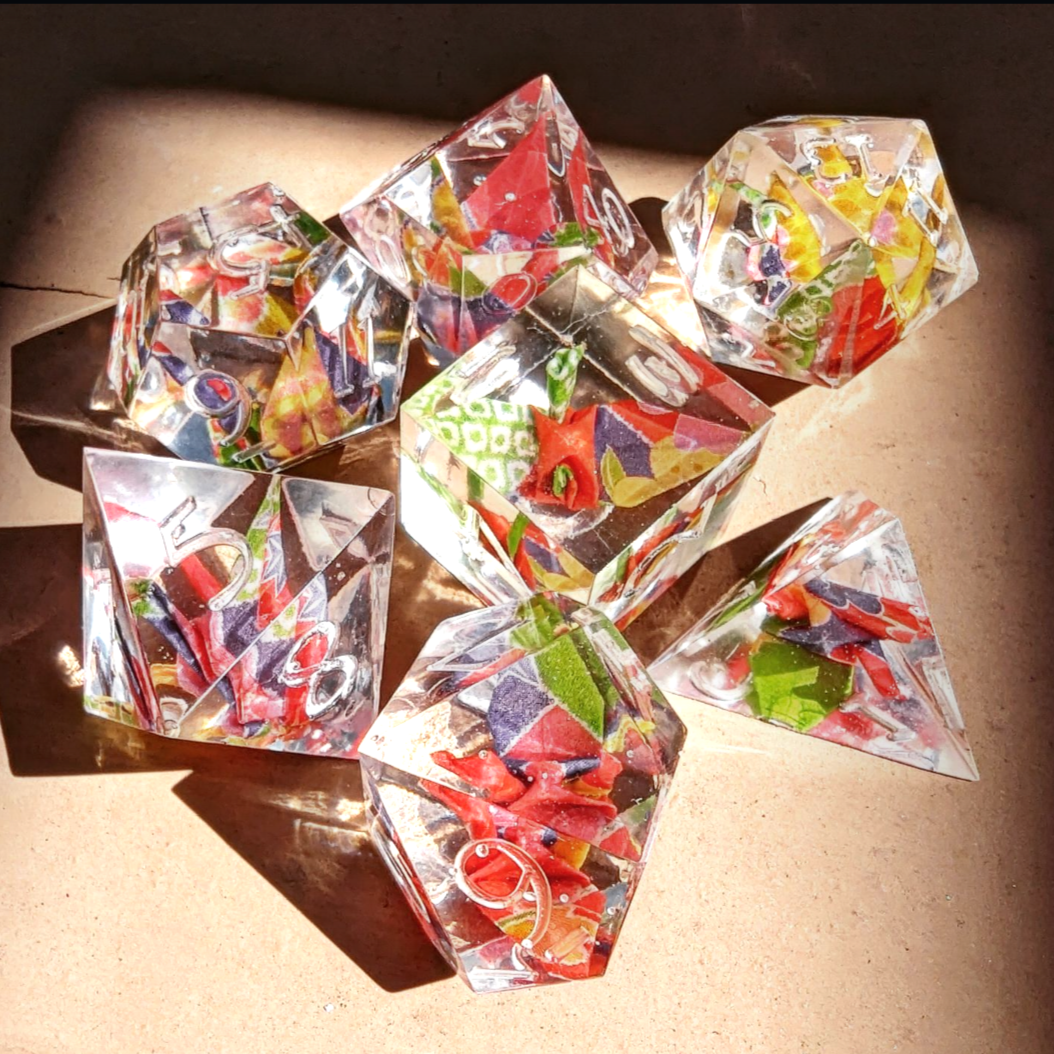 Origami Crane Dice in Multicolor Blocks and Plants