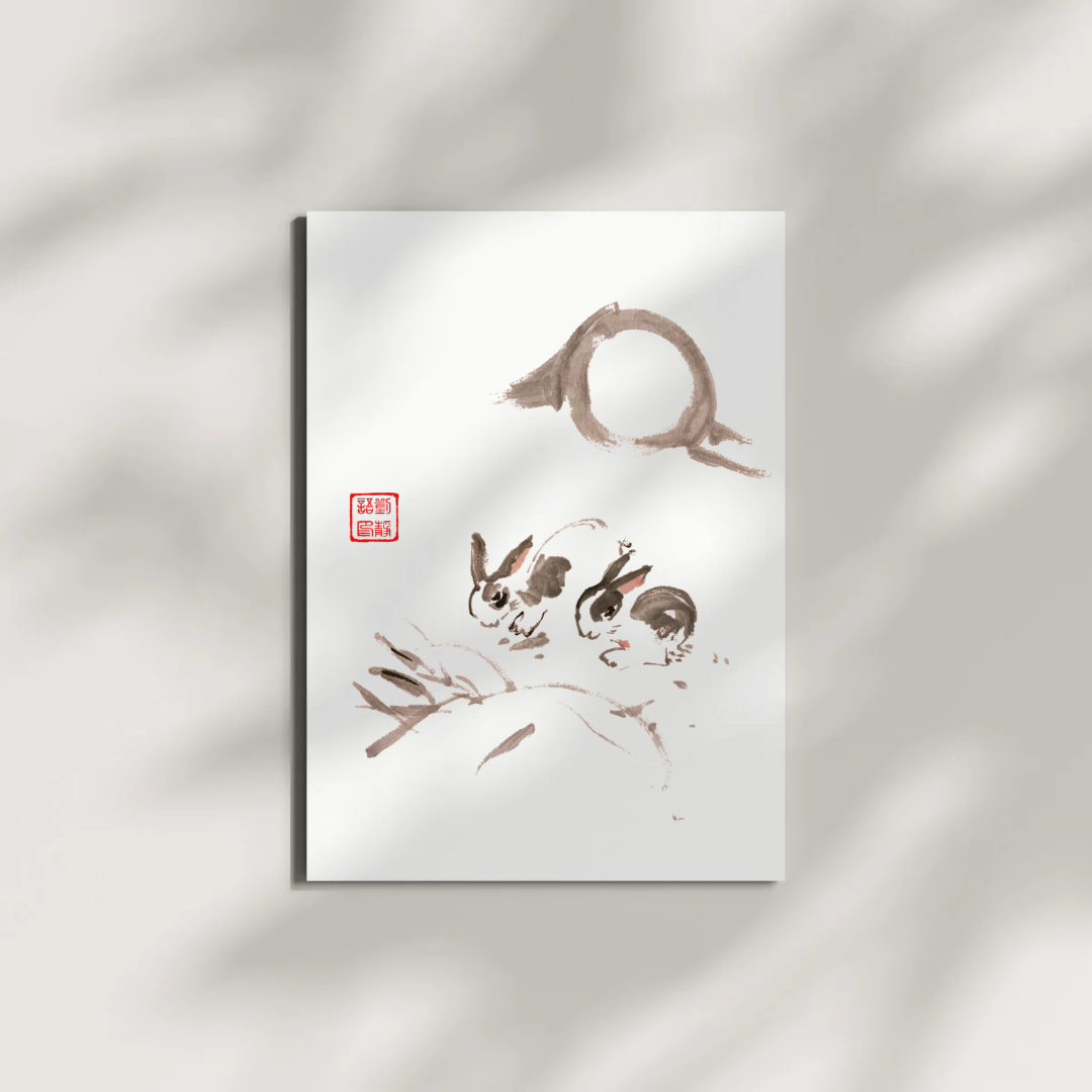 Couple Bunnies Under the Moon Chinese Brush Ink Painting Museum-quality Giclee Art Print