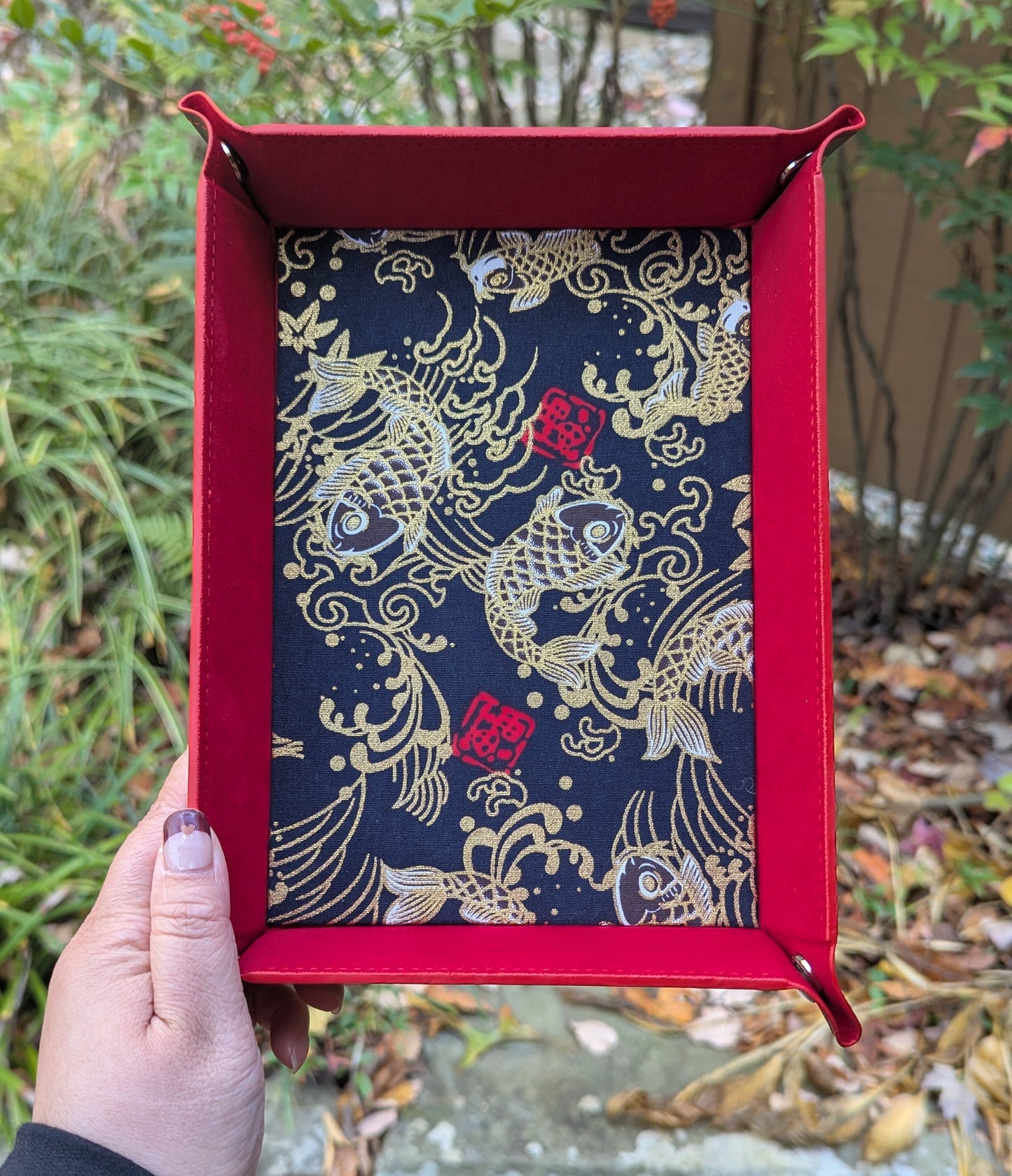 Red Navy Koi Fish Wave Velvet Dice Tray