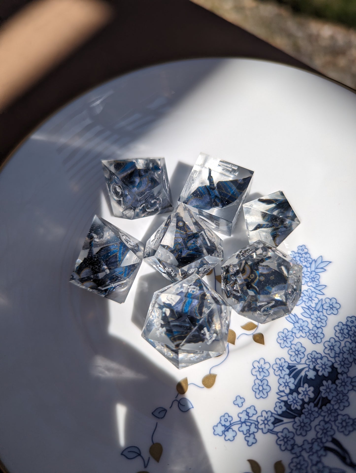 Origami Crane Dice in Blue and Gold Wave