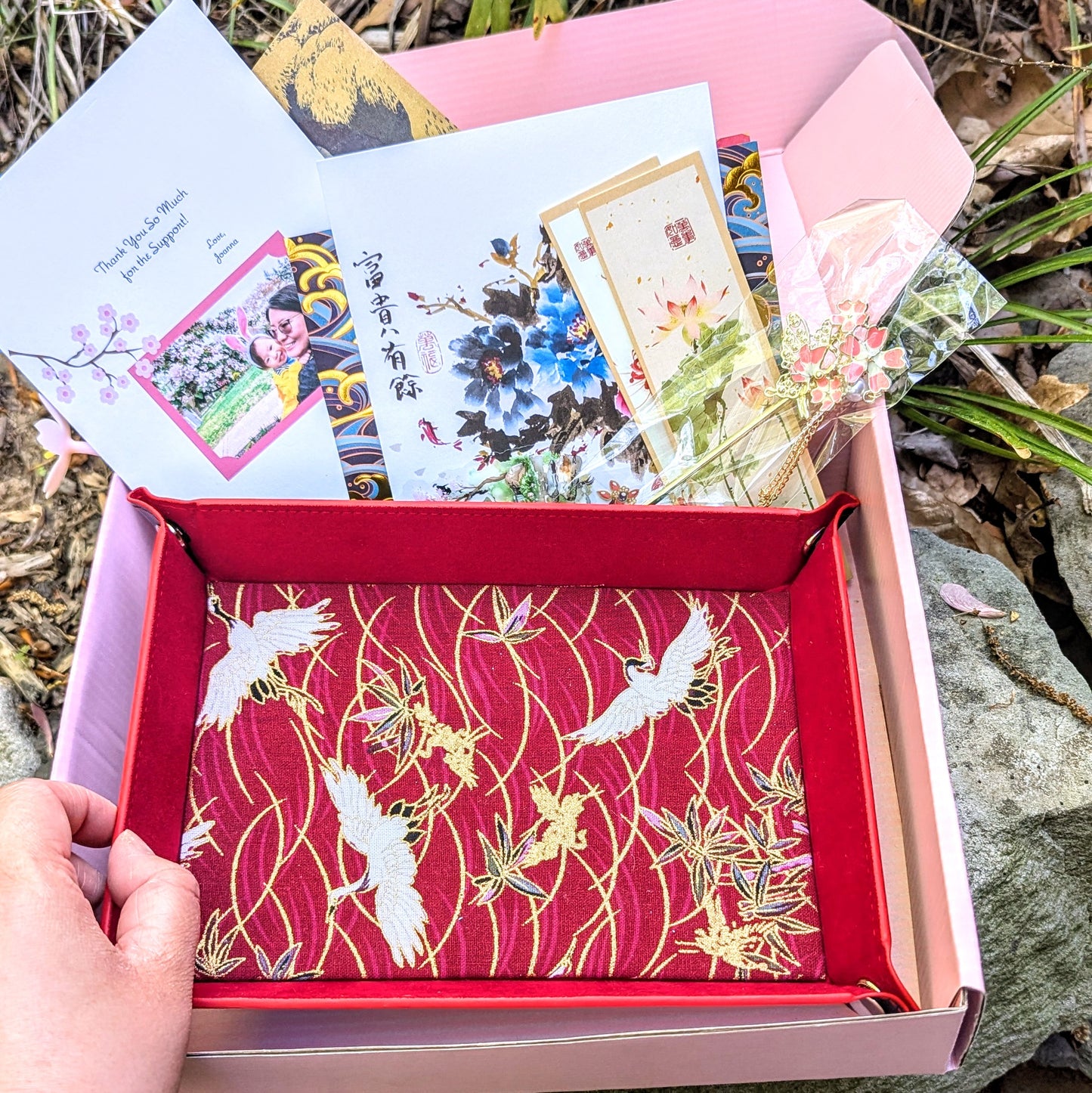 Red Crane Wave Fabric Velvet Dice Tray