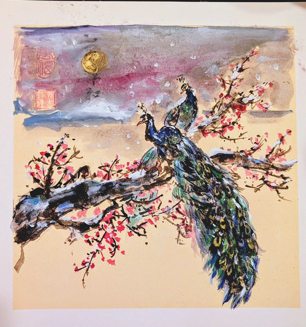 Snow Peacock Perched on Plum Tree 55mm Kanji chonk d20