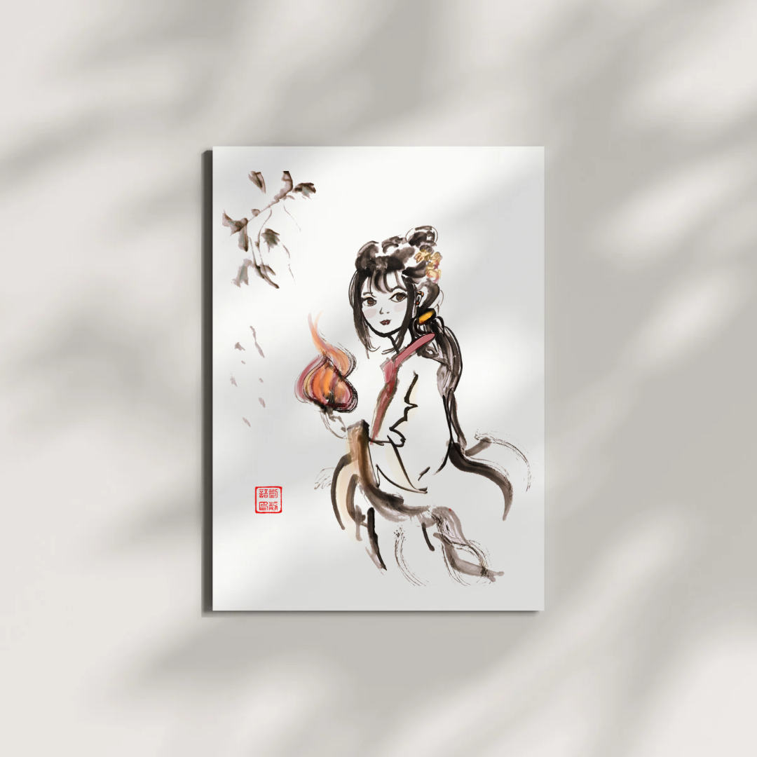Fireball Girl Chinese Brush Ink Painting Museum-quality Giclee Art Print