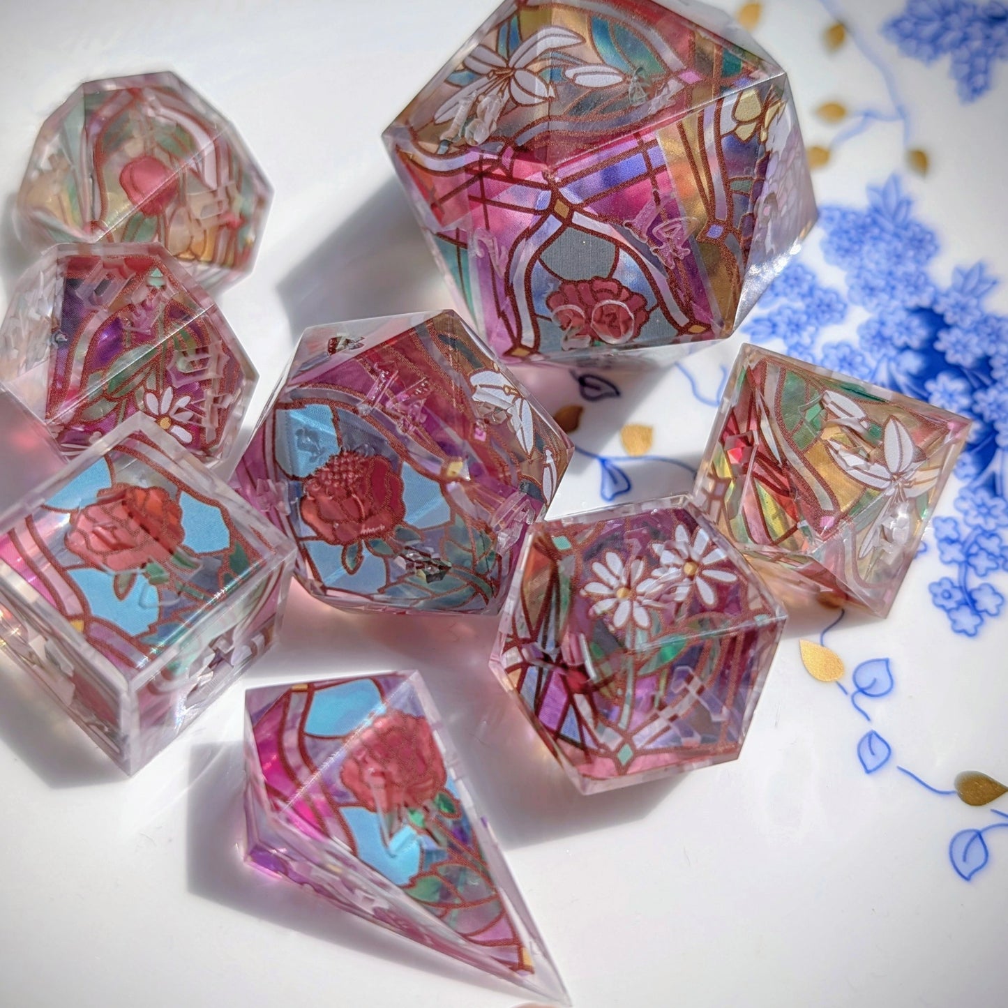 Stained Glass Floral Clear Core Alt Shaped 7pc Dice Set