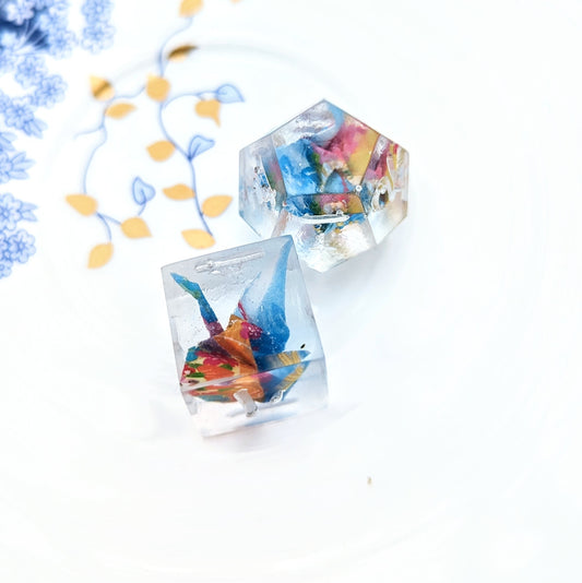 Origami Crane Dice Blue Flower Kanji Single D6 and D12