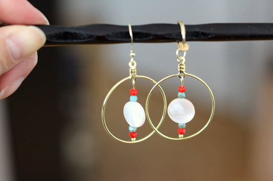 Beach Shell with Red and Blue Beads Circle Earrings
