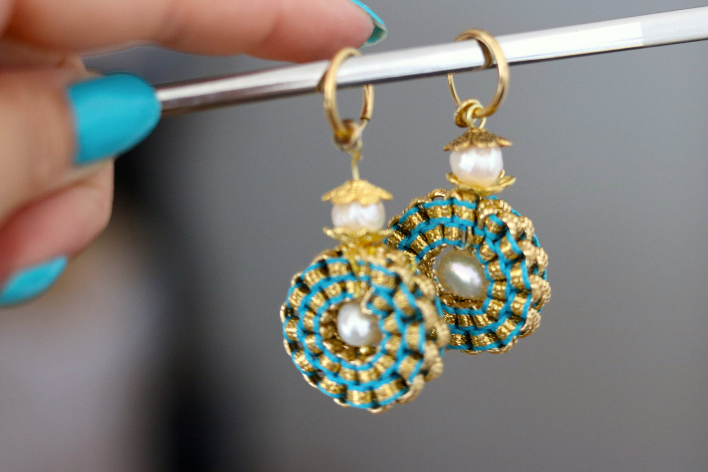 Blue and Gold Potato Pearl Firework Earrings