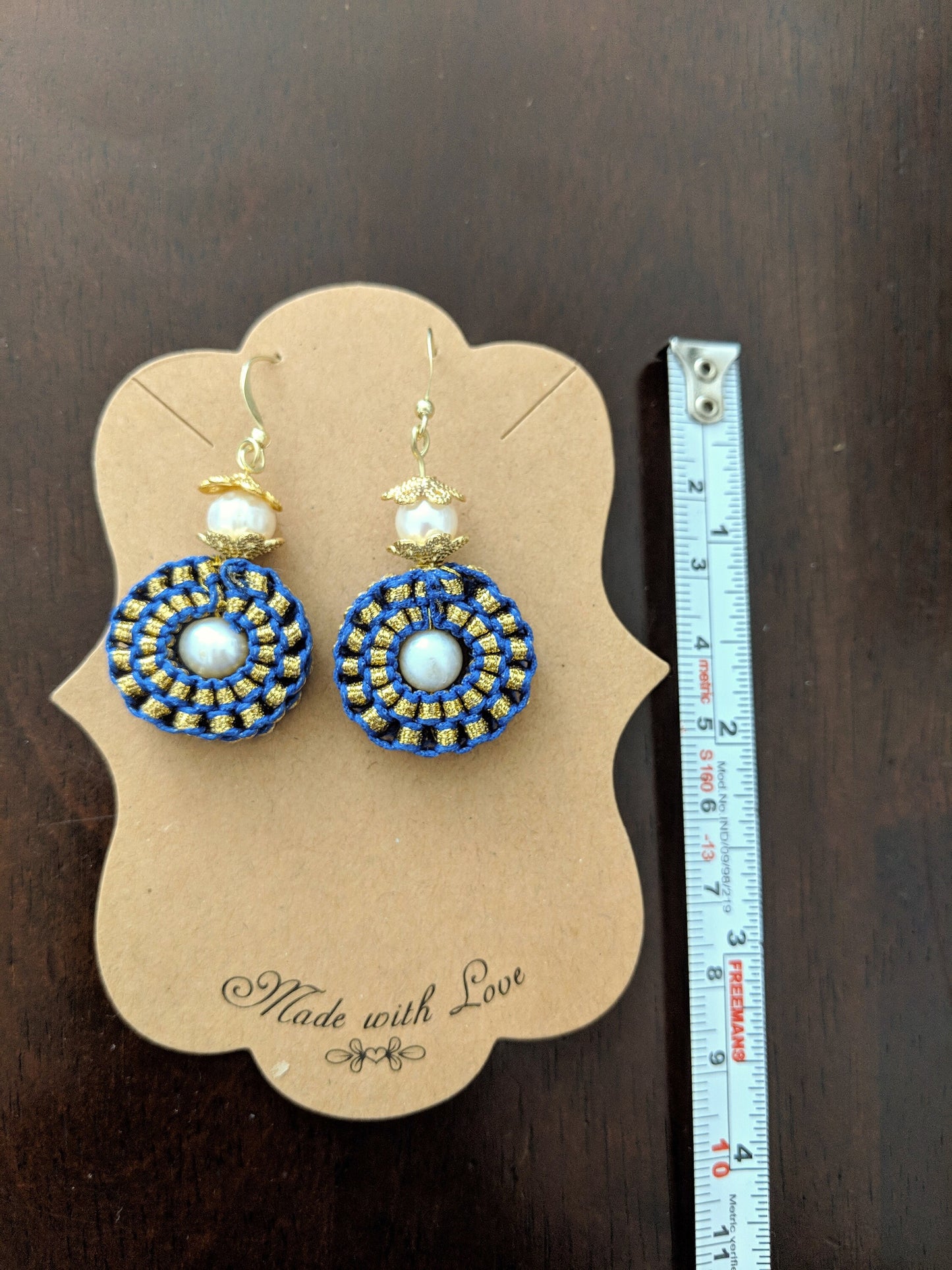 Blue and Gold Potato Pearl Firework Earrings