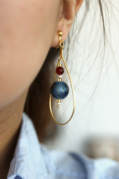 Chinese Vintage Inspired Earrings Blue Ball Fire Quartz Teardrop Gold Hoop