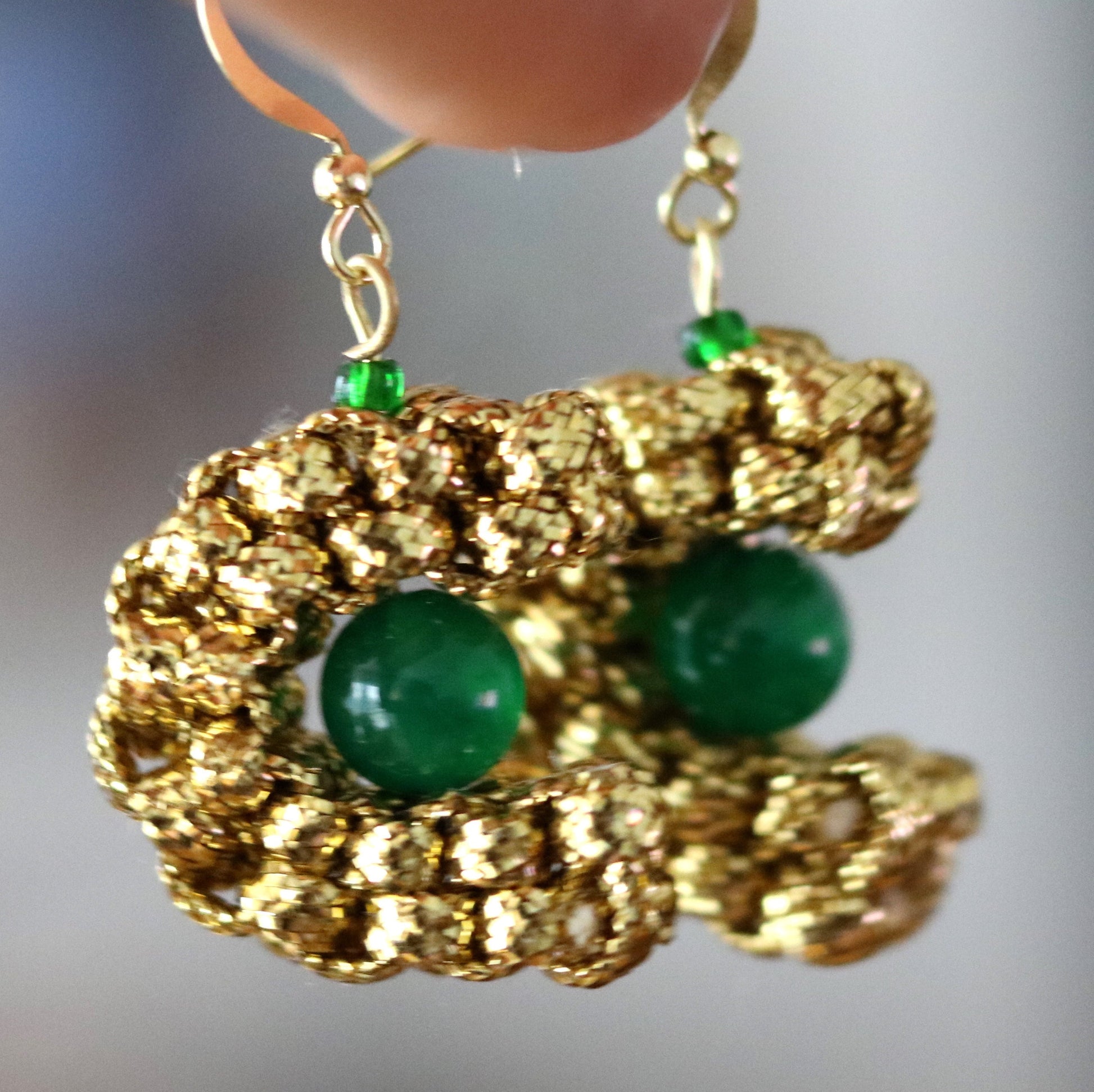 Asian Palace Inspired Chinese Style Golden Cord Green Agate Earrings