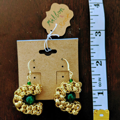 Asian Palace Inspired Chinese Style Golden Cord Green Agate Earrings