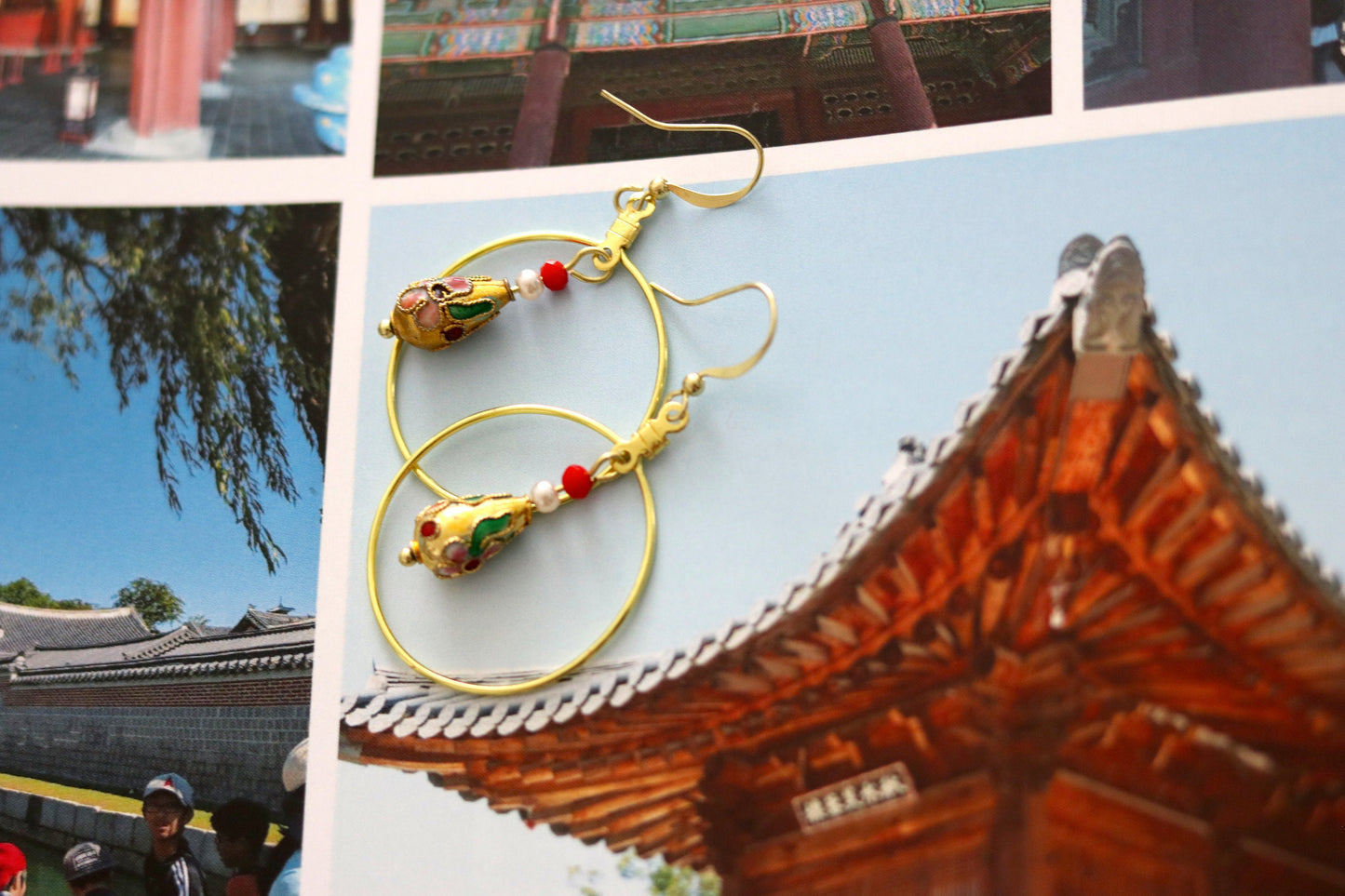 Chinese Palace Inspired Gold Cloisonne Earrings
