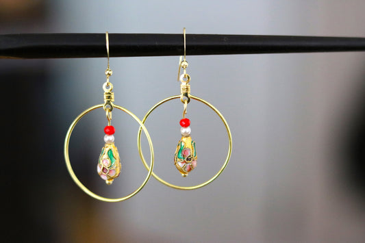 Chinese Palace Inspired Gold Cloisonne Earrings