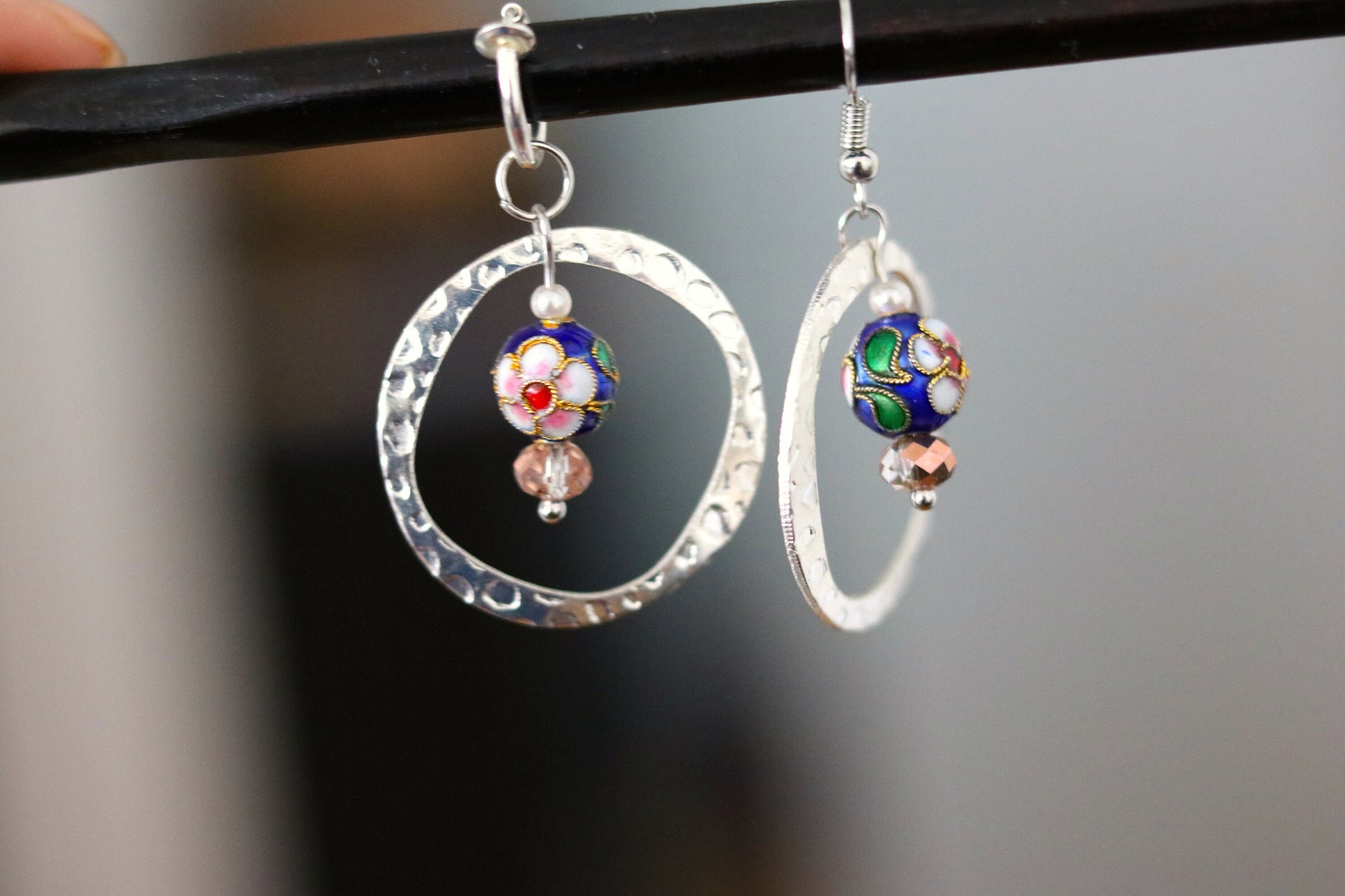 Chinese Palace Inspired Silver Circle with Blue Cloisonne Earrings