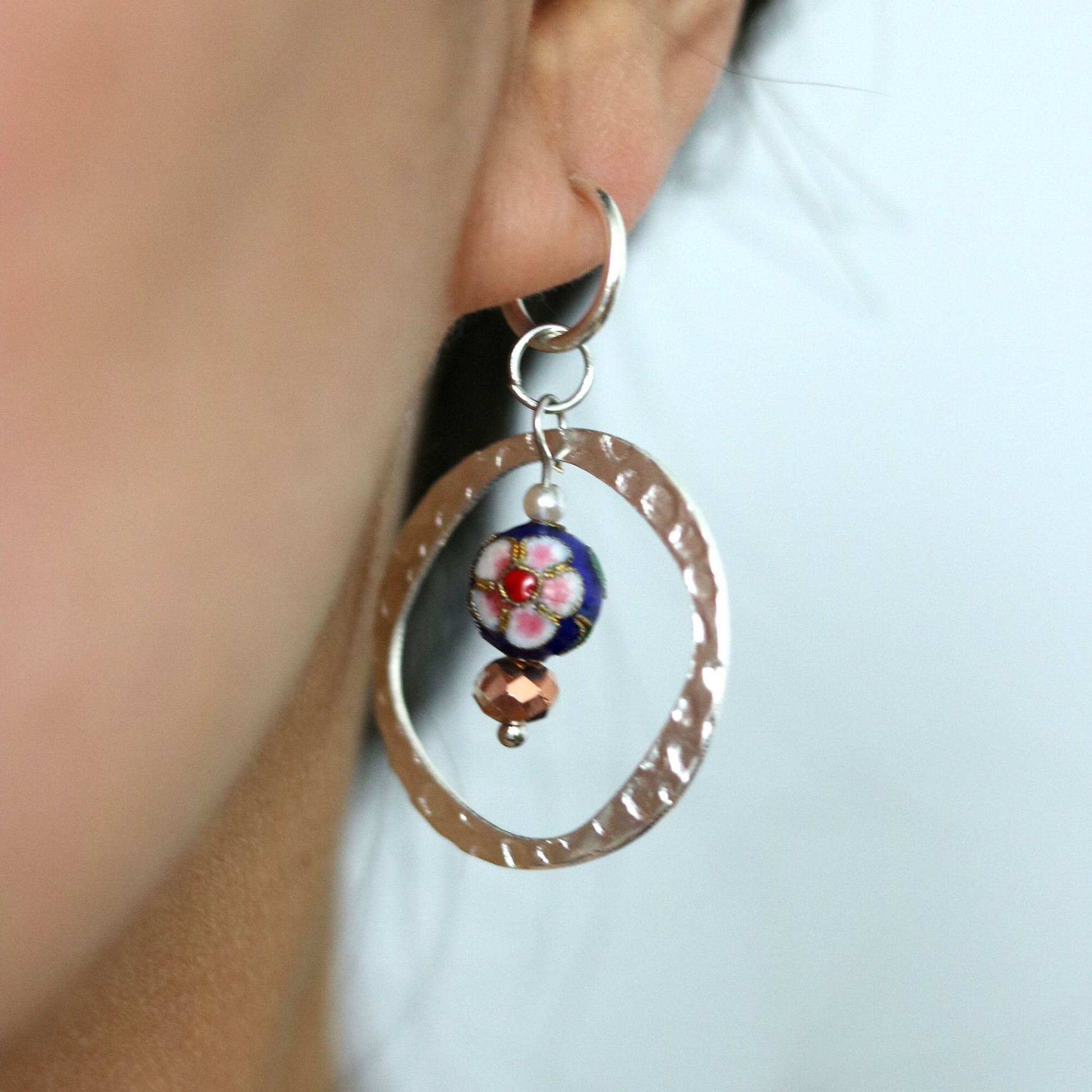 Chinese Palace Inspired Silver Circle with Blue Cloisonne Earrings