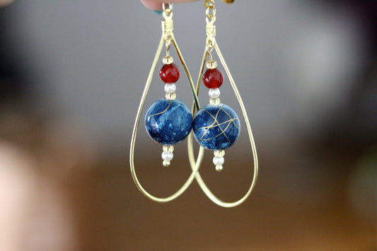 Chinese Vintage Inspired Earrings Blue Ball Fire Quartz Teardrop Gold Hoop