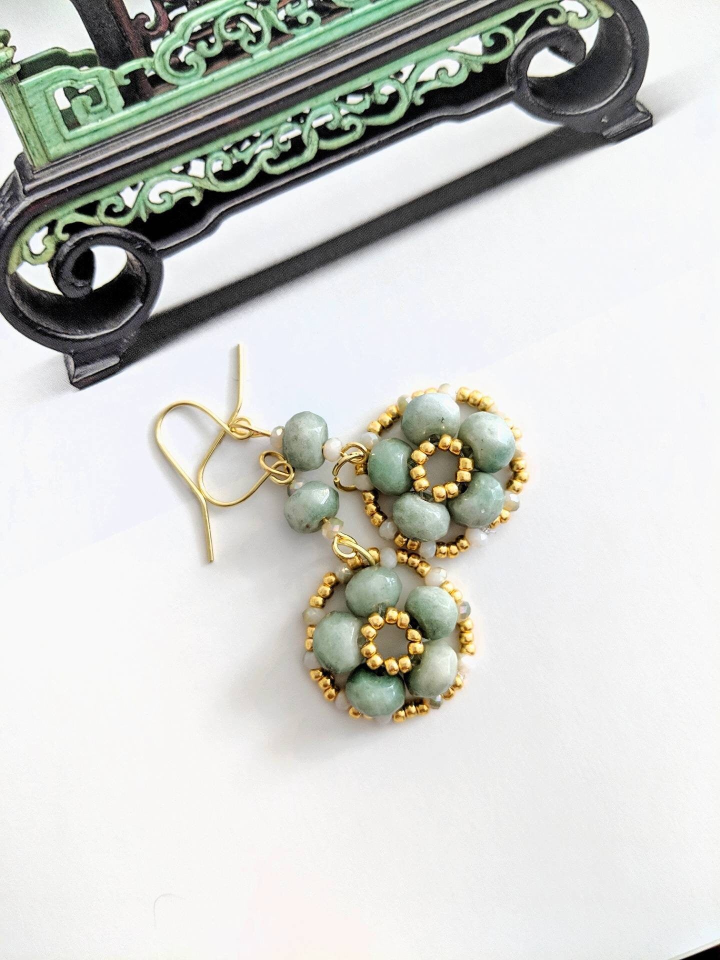 Chinese Inspired Jade Stone Flower Earrings