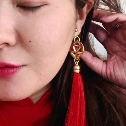Red Tassel D20 Earrings - Chinese New Year Special