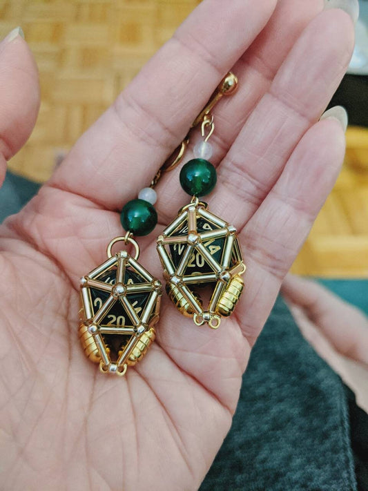 D20 Earrings with Green Agate beads