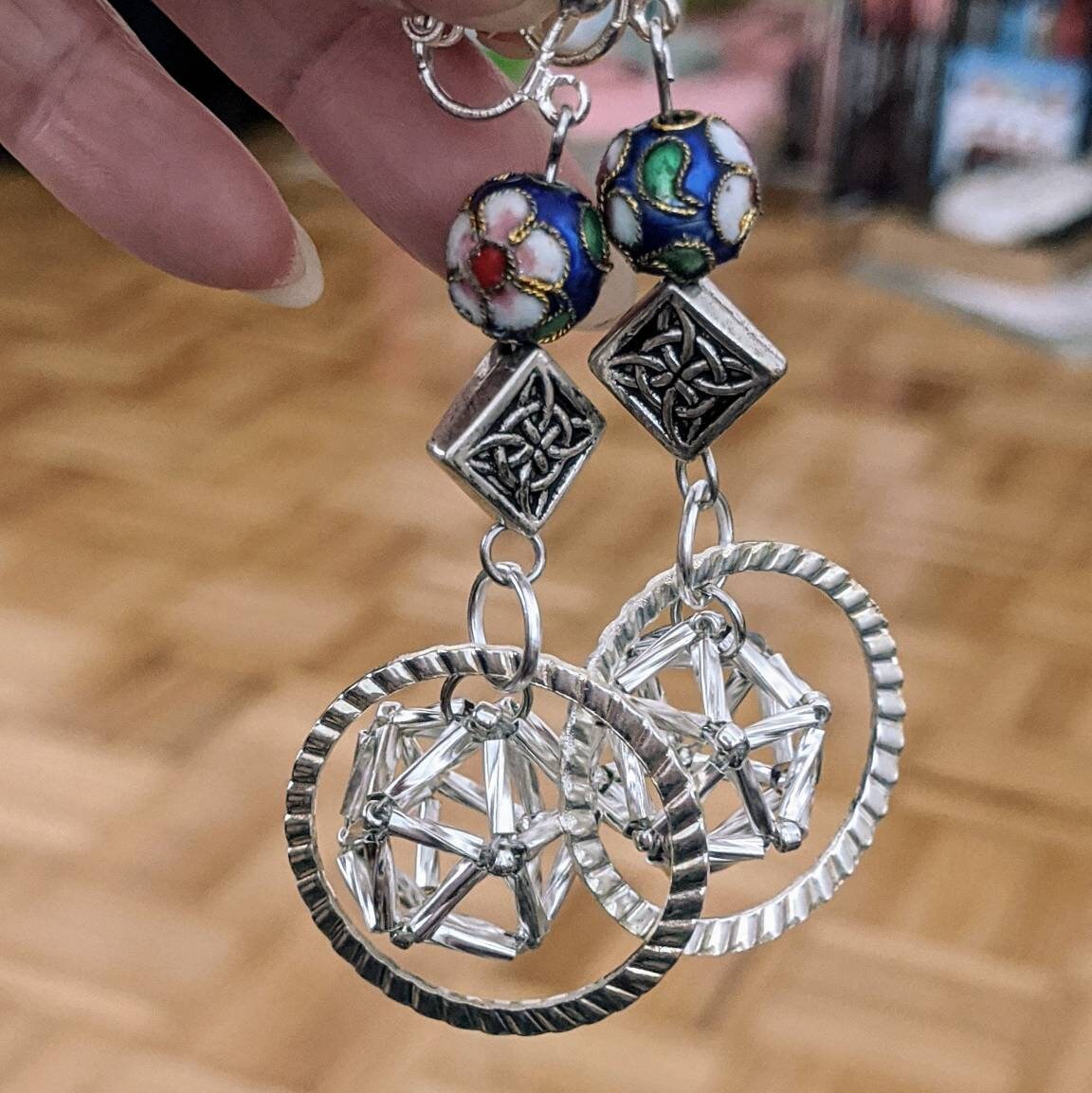 Icosahedron D20 Silver Earrings with Cobalt Cloisonne Beads