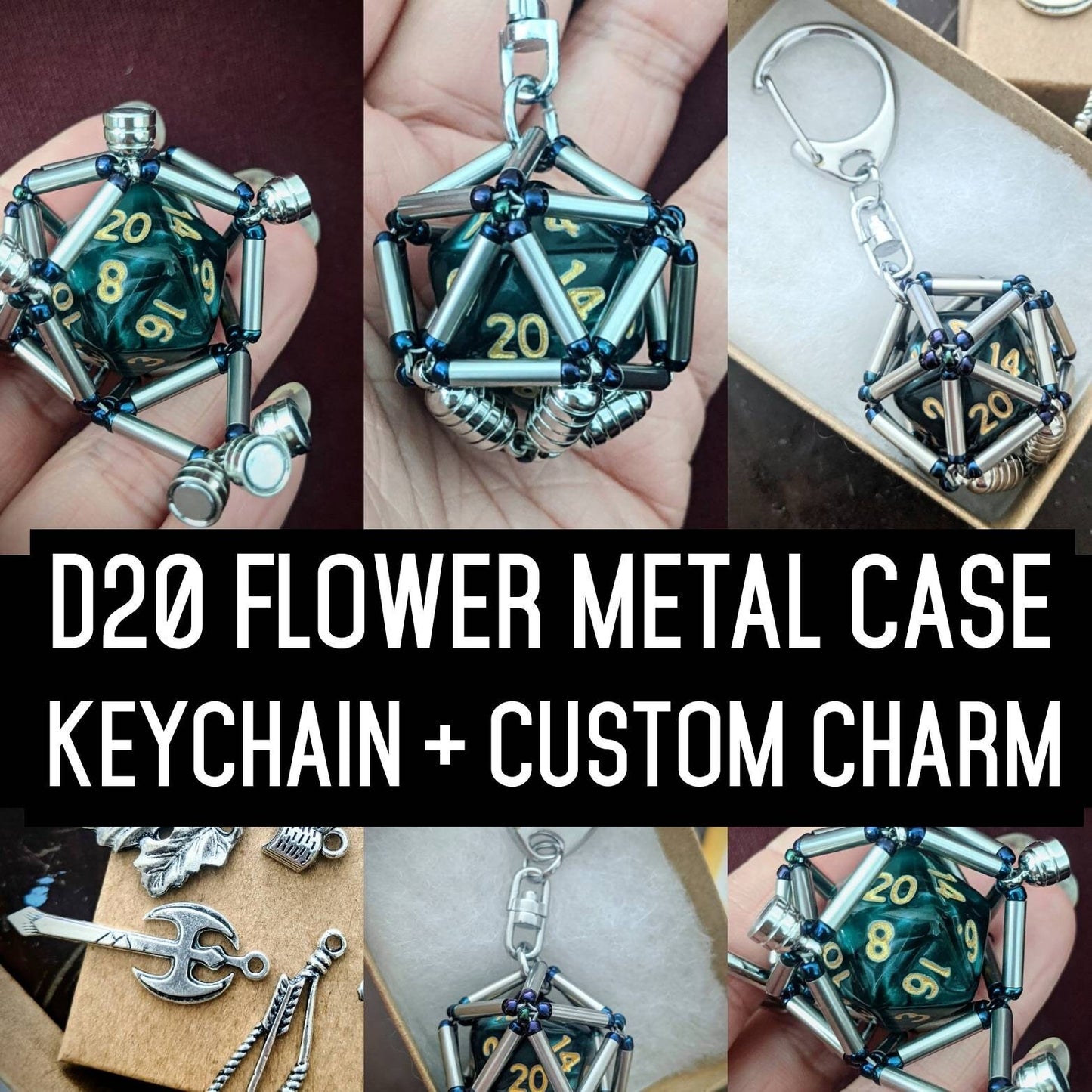 Removable D20 Keychain Metal Flower Design