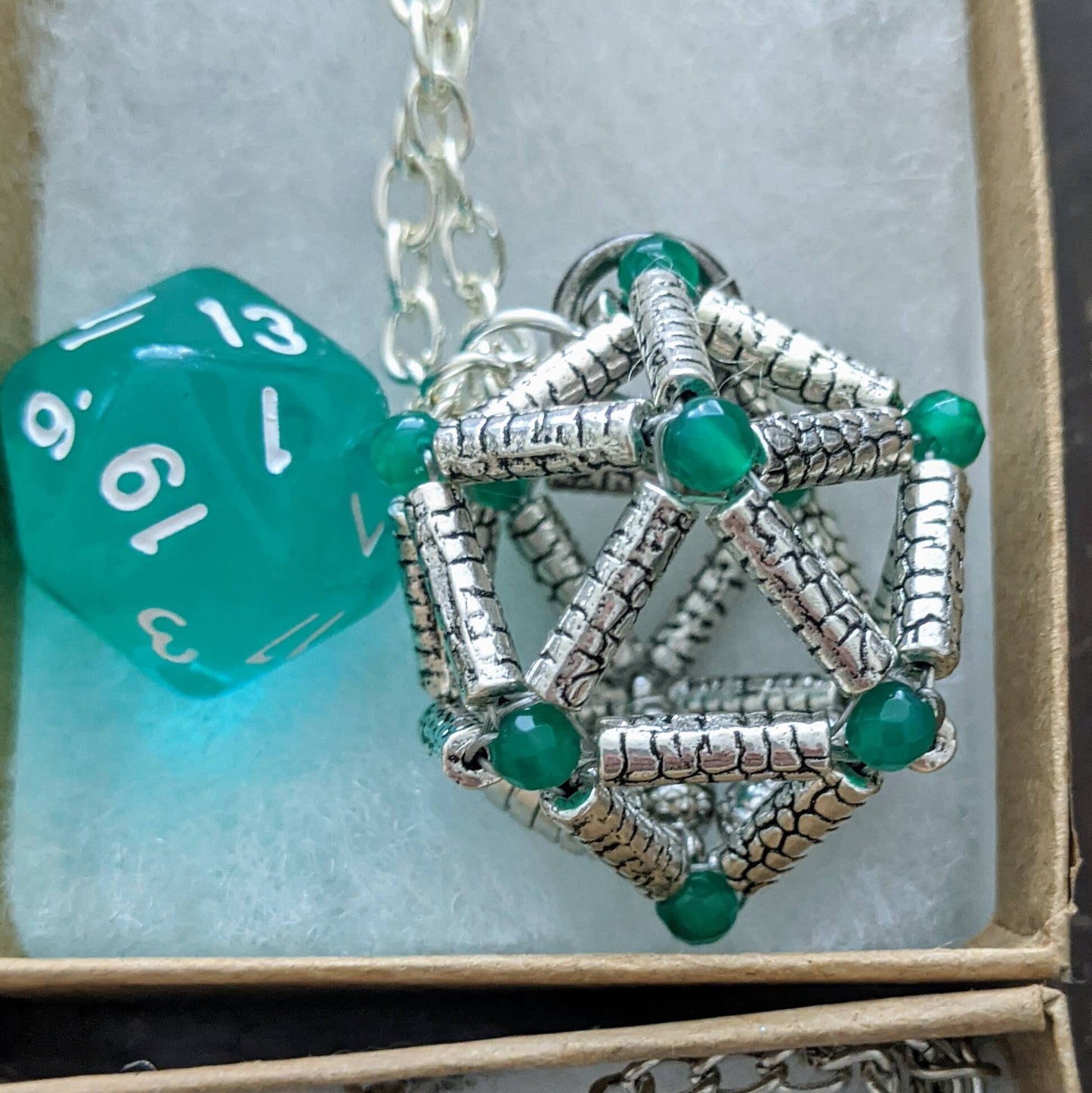Removable D20 metal case dragon skin design with Jade beads