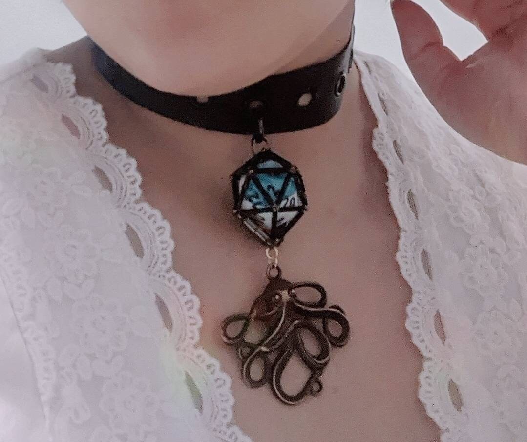 D20 Necklace with Kraken Charm Choker or Chain