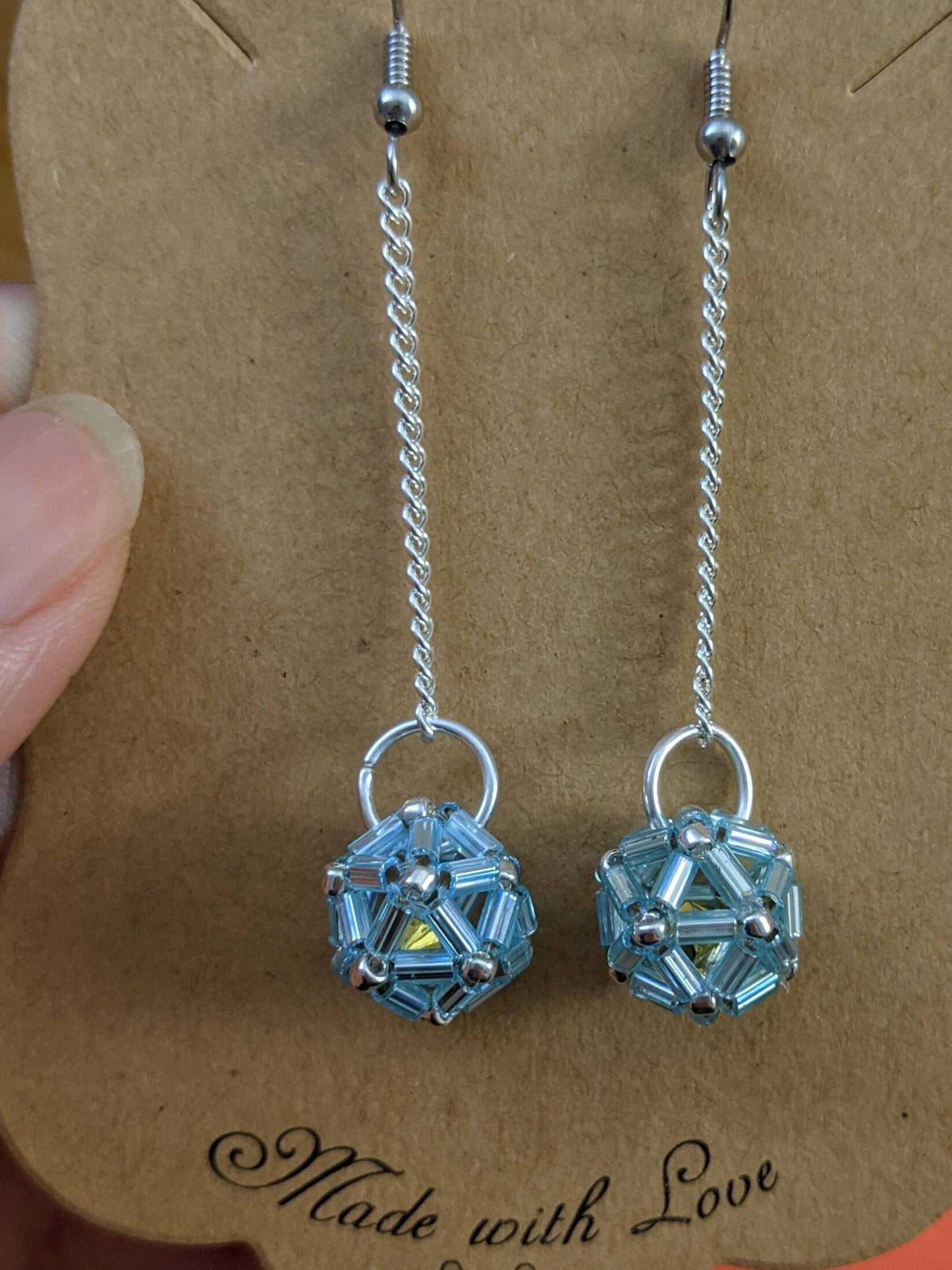 Blue Icosahedron D20 dangling earrings