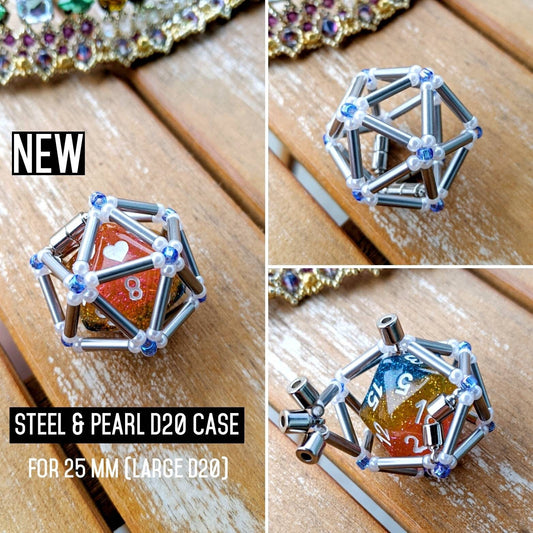 Pearl and Steel Removable D20 Necklace Keychain Dicejail Cage
