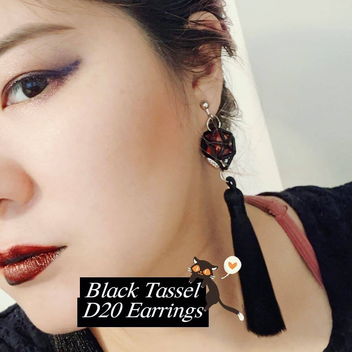 D20 Earrings Black Tassel
