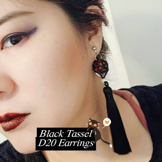 D20 Earrings Black Tassel