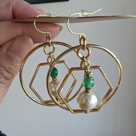 Jade Bead and Geometric Hoop Statement Earrings Asian Palace Inspired Earrings Collection