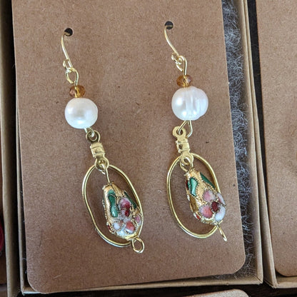 Fresh water pearl and golden teardrop cloisonne mini hoop Statement Earrings Asian Palace Inspired Earrings Collection
