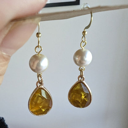 High Quality Glass Pearl and Golden Teardrop Statement Earrings Asian Palace Inspired Earrings Collection