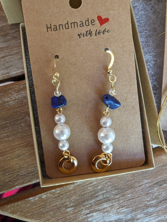 Lapis Lazuli Bead with a String of Glass Pearl Statement Earrings Asian Palace Inspired Earrings Collection