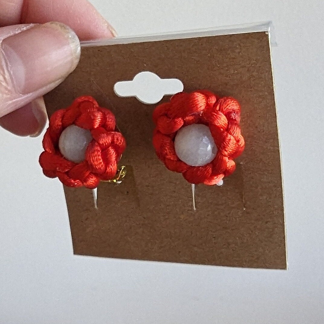 Minimalist Lunar New Year Chinese Red Traditional Knot Mizuhiki Vintage Inspired Post or Clip-on Earrings Gift