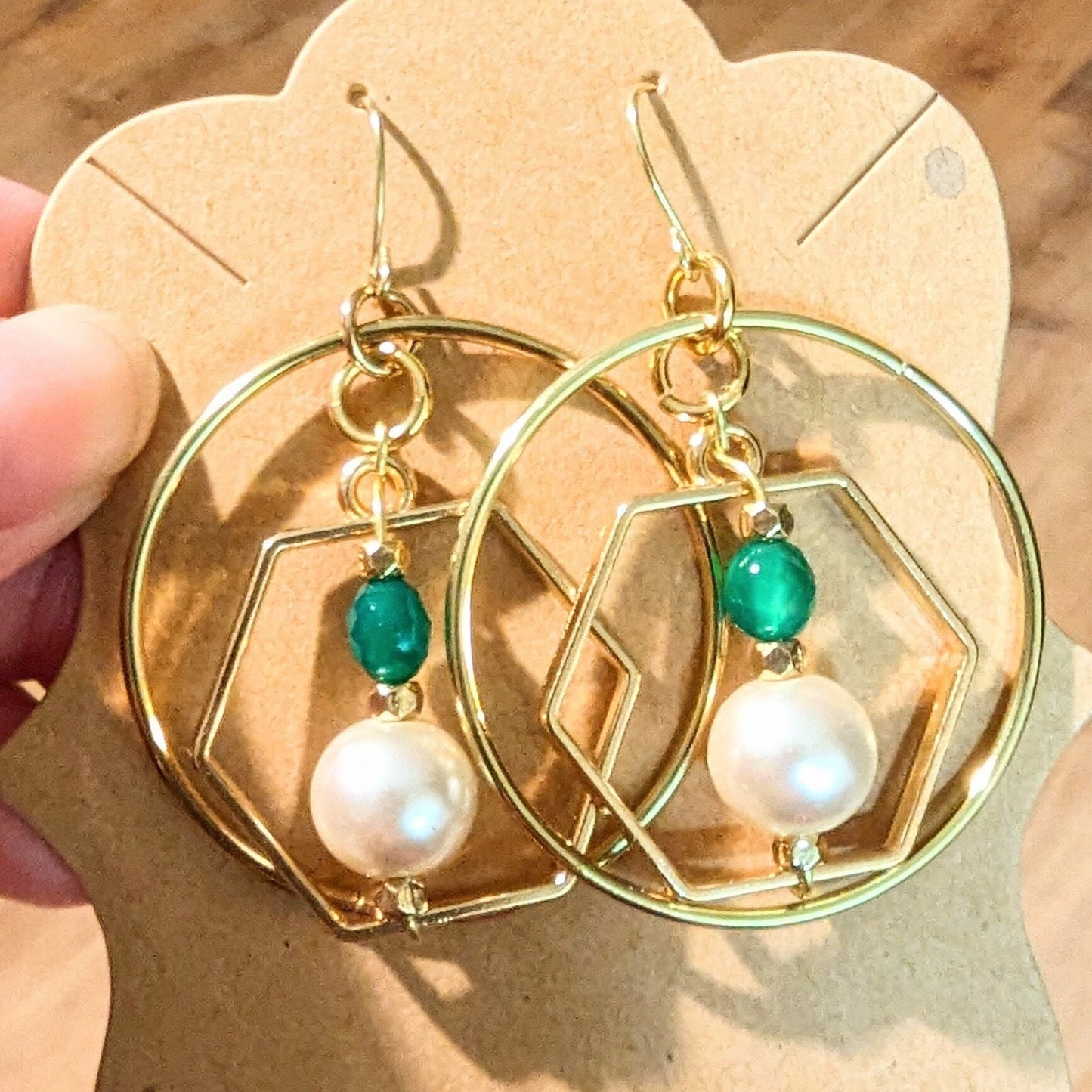 Jade Bead and Geometric Hoop Statement Earrings Asian Palace Inspired Earrings Collection