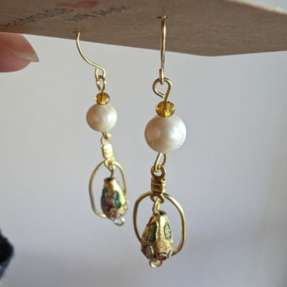 Fresh water pearl and golden teardrop cloisonne mini hoop Statement Earrings Asian Palace Inspired Earrings Collection