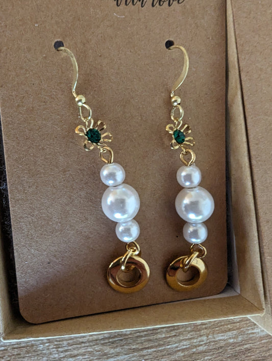 Green Gem Flower with a String of Glass Pearl Statement Earrings Asian Palace Inspired Earrings Collection