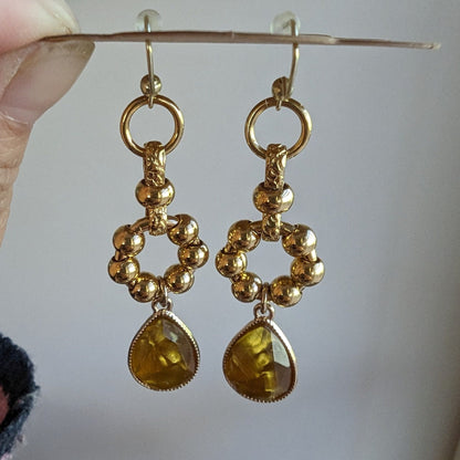 Upcycled Golden Ball Hoops Part with Golden Teardrop Statement Earrings Asian Palace Inspired Earrings Collection