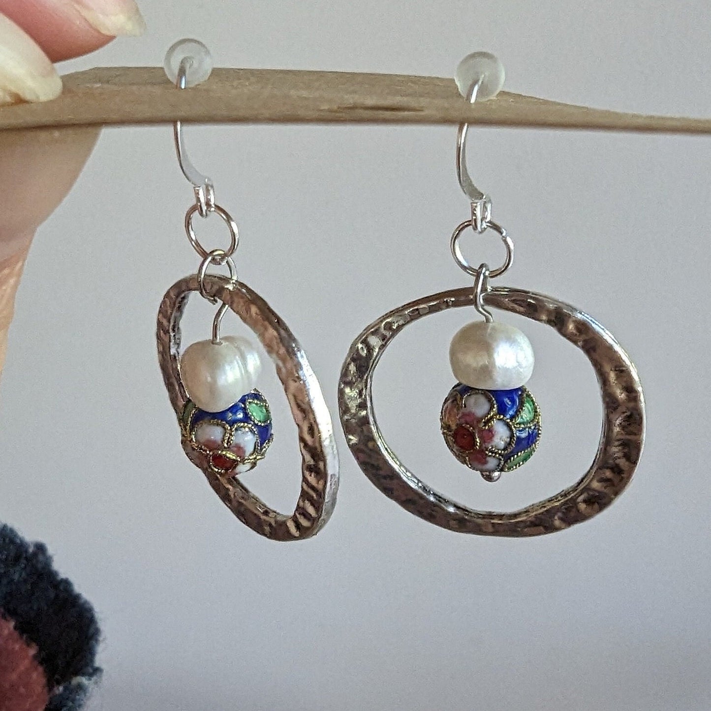Fresh water pearl and blue flower cloisonne bead Hammered silver hoop Statement Earrings Asian Palace Inspired Earrings Collection