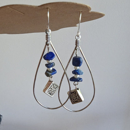 Lapis Lazuli Chip Stack with Mini Pearl Statement Earrings Asian Palace Inspired Earrings Collection
