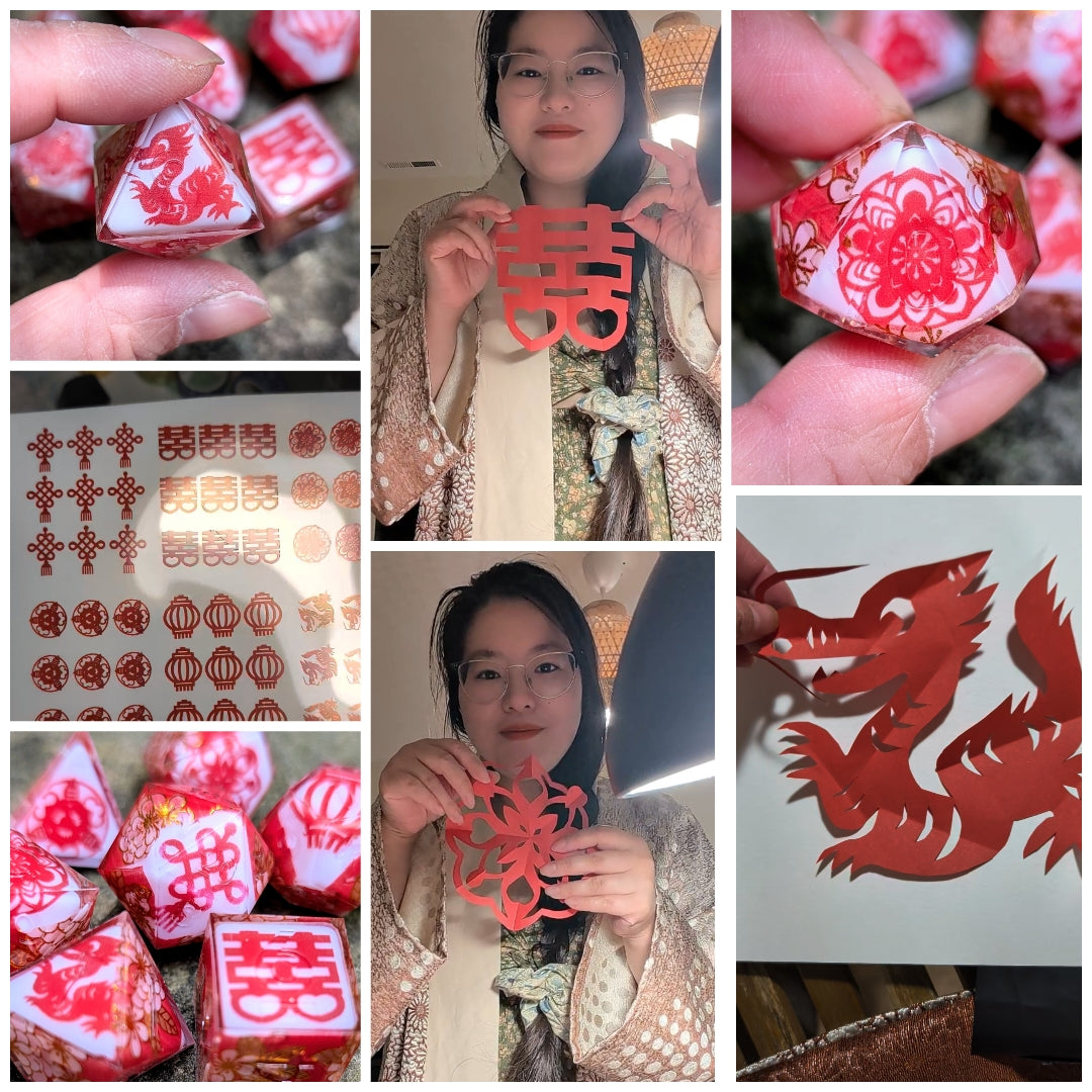 A collage of six photos showing red Chinese New Year decorations and paper crafts, including wrapped dice with the papercut art