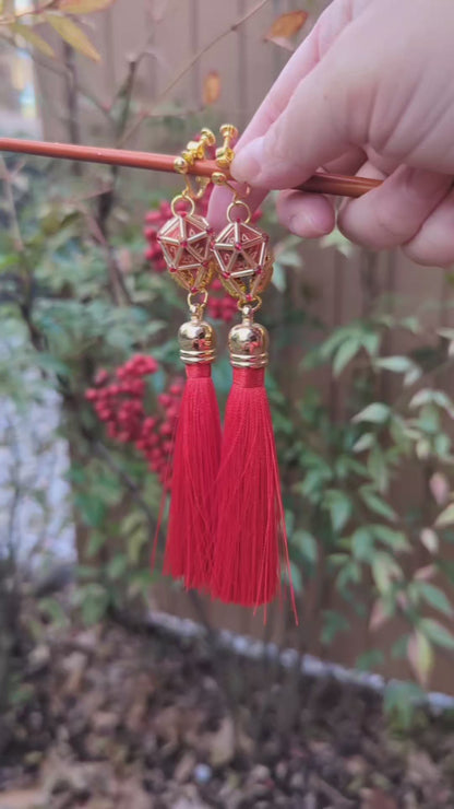 Red Tassel D20 Earrings - Chinese New Year Special