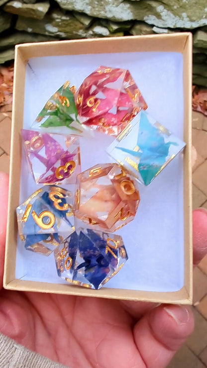 Rainbow Origami Crane Dice Set 7pcs