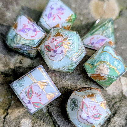 Kitsune Mask Green Kimono 7pc Dice Set