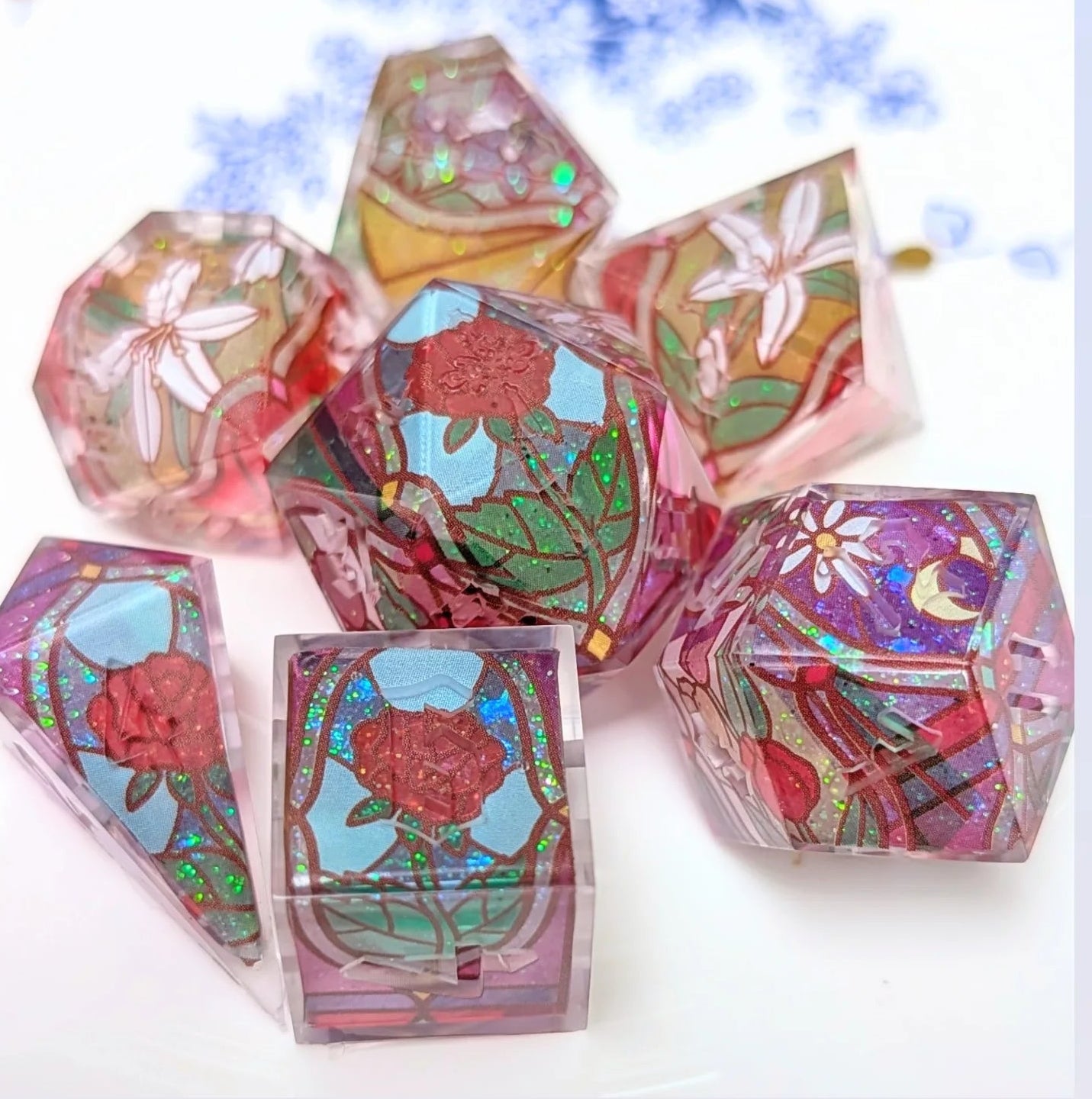 Stained Glass Floral Glitter Core Alt Shaped 7pc Dice Set